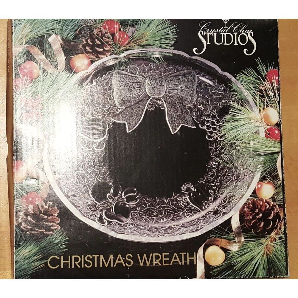 Vintage 90s Crystal Clear Studios Christmas Wreath Platter 12” Round New